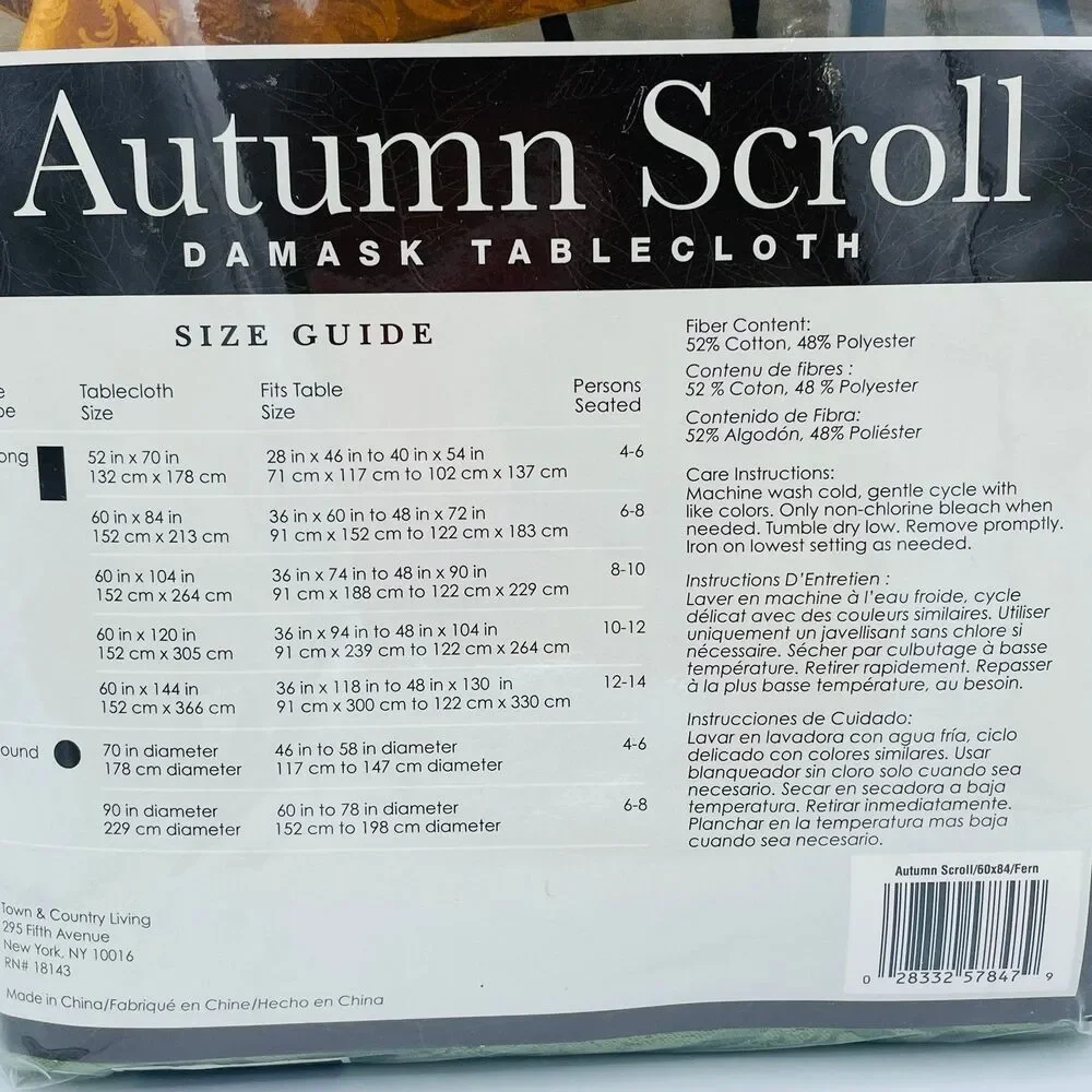 Fall Style Autumn Scroll Fern Green Damask Oblong Oval Tablecloth NEW 60” x84”